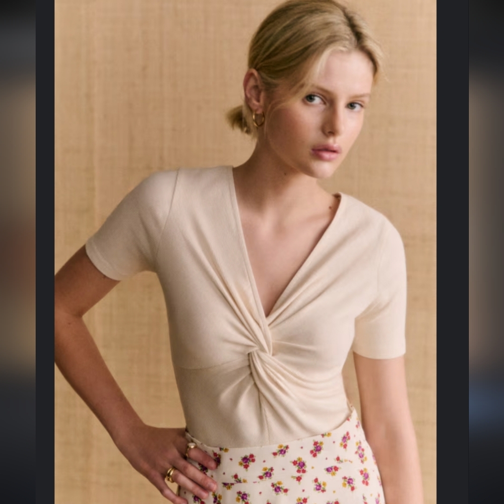 Sezane Cream Twist-Front Short Sleeve Tee